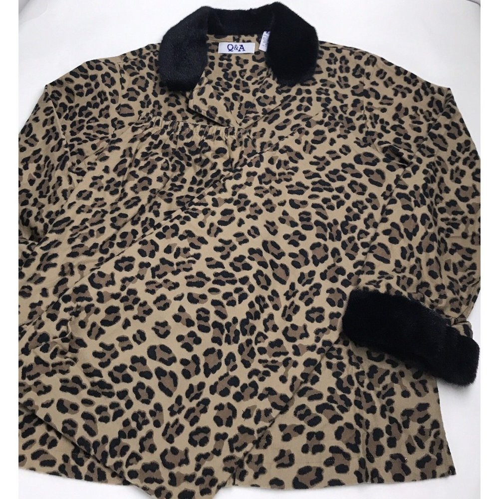 Q & A Women’s Cheetah Leopard Print Brown Faux Fur‎ Trim Pajamas Pant Set Sz M
